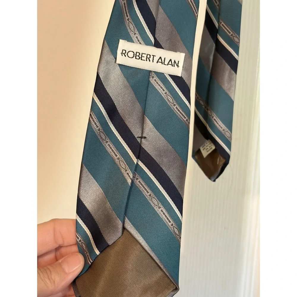Robert Alan Neck Tie, Turquoise Navy and Gray Stripes, Polyester and Silk Tie
